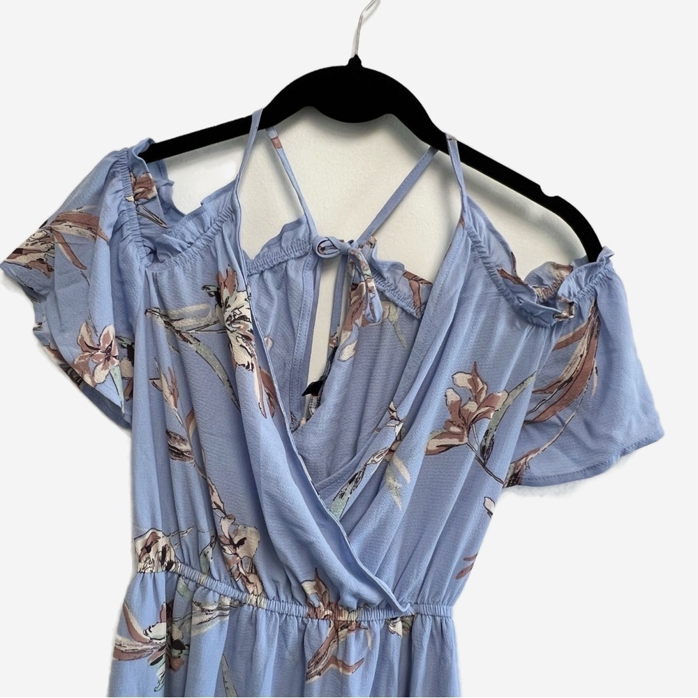 ONE CLOTHING Floral Open Shoulder Maxi Dress Women’s S Cornflower Blue Tie Back - Picture 4 of 9
